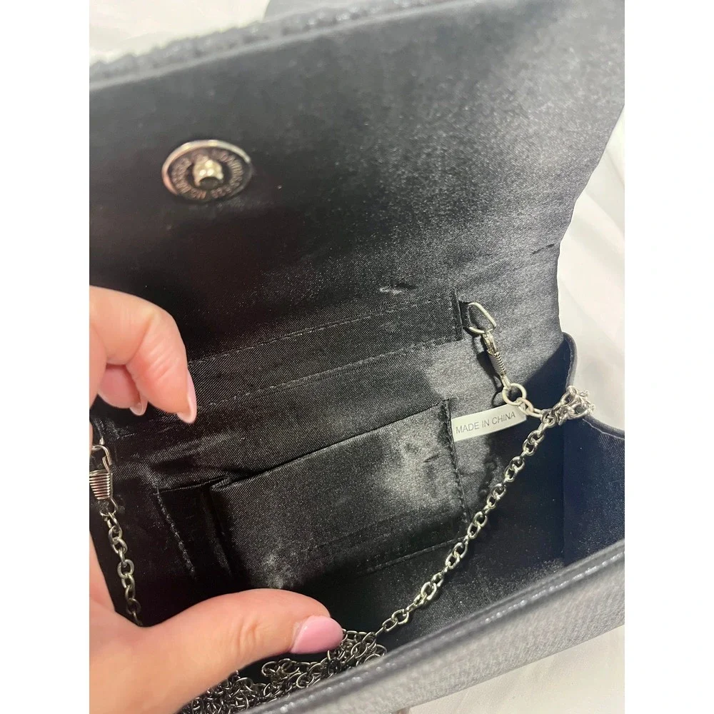 Black Pleated Clutch Crossbody Bag | Convertible Evening Handbag Chain Strap‎